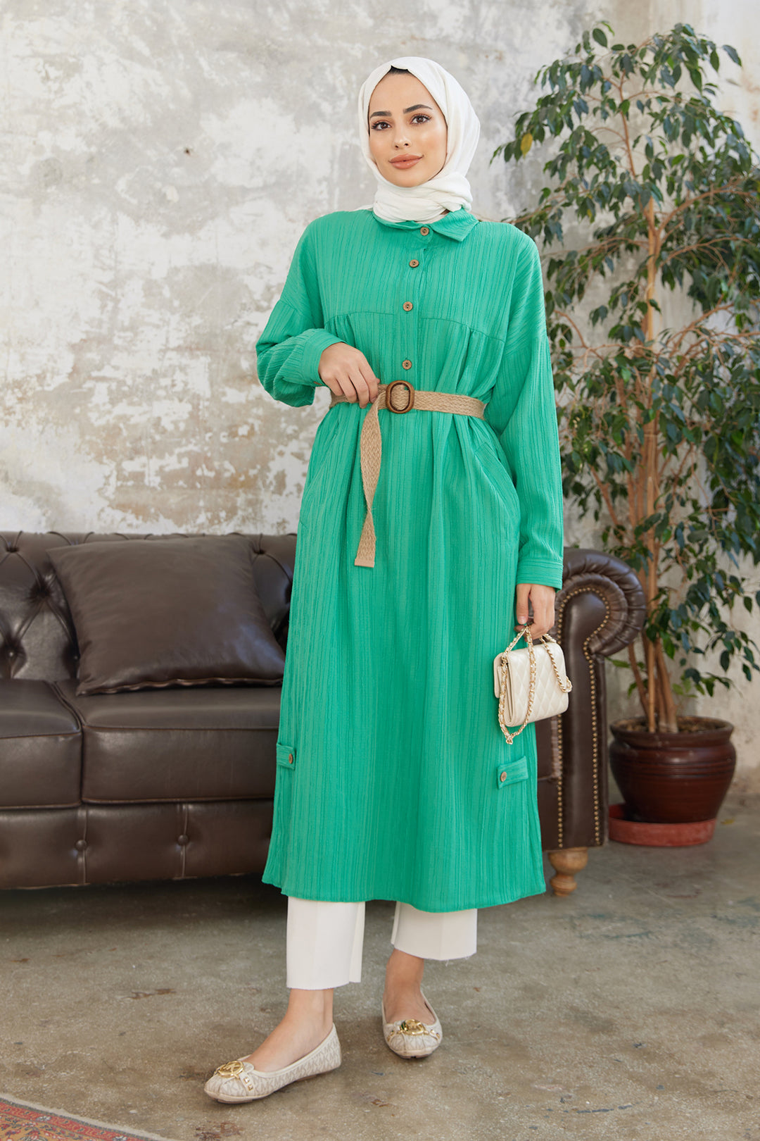 ZRF Women Straw Belted Tunic - Green - Matera