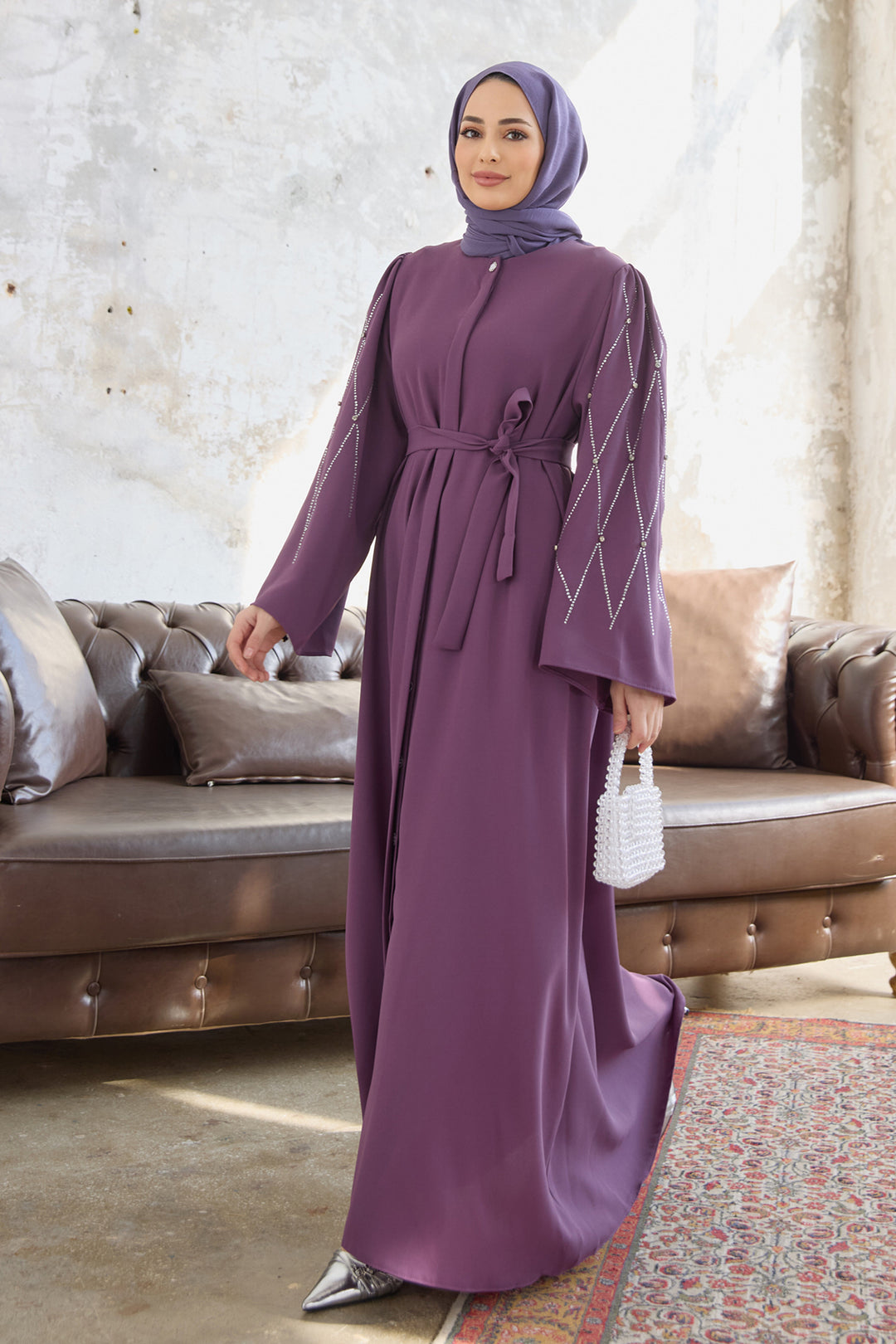 ZRF Women Stone-embellished Sleeve Abaya - Lilac - Wauwatosa