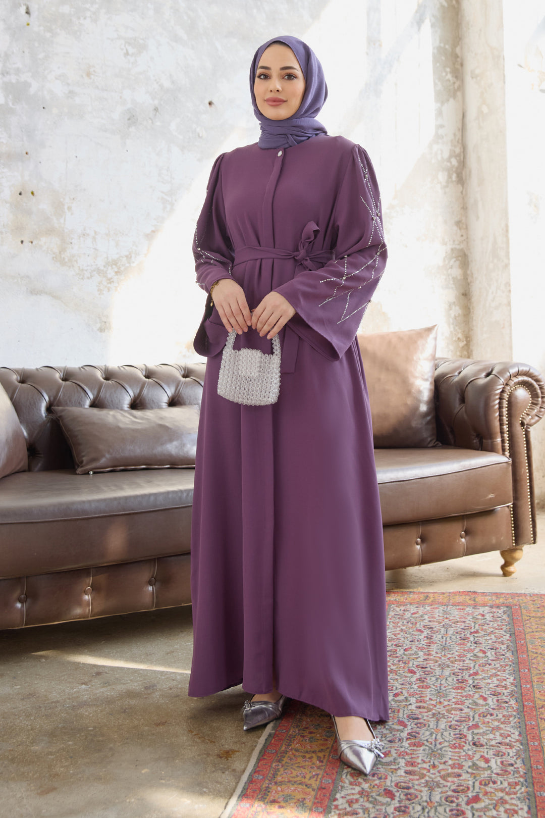 ZRF Women Stone-embellished Sleeve Abaya - Lilac - Wauwatosa