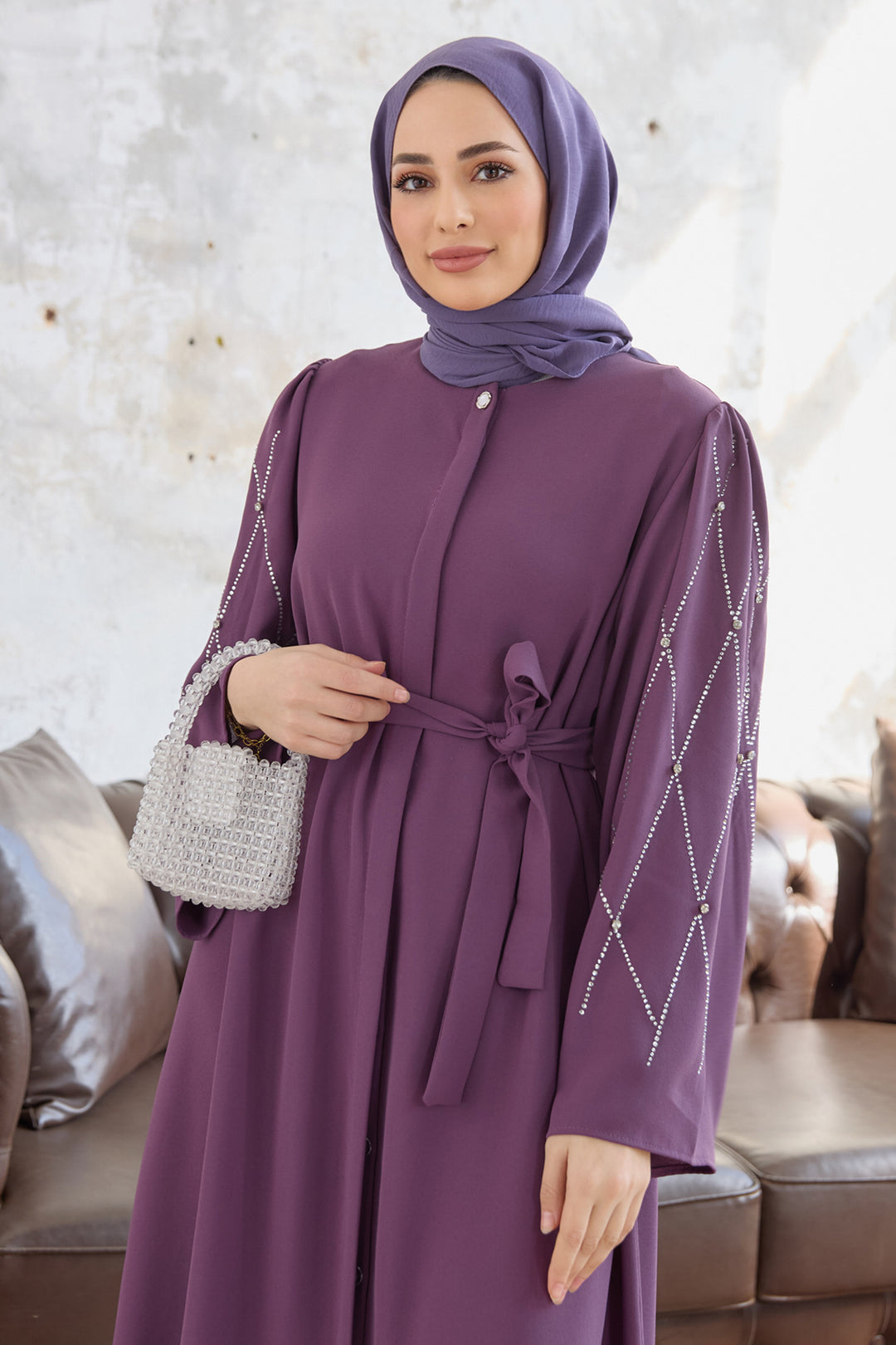 ZRF Women Stone-embellished Sleeve Abaya - Lilac - Wauwatosa