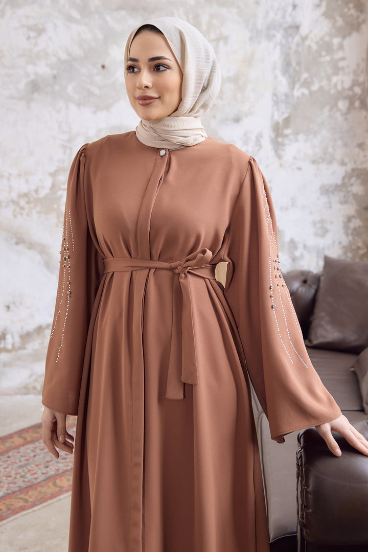 ZRF Women Rona Collar Patterned Abaya - Camel - Tigard