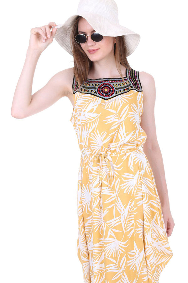 BGD Women Dress with Embroidery on the Front - Yellow - Avondale