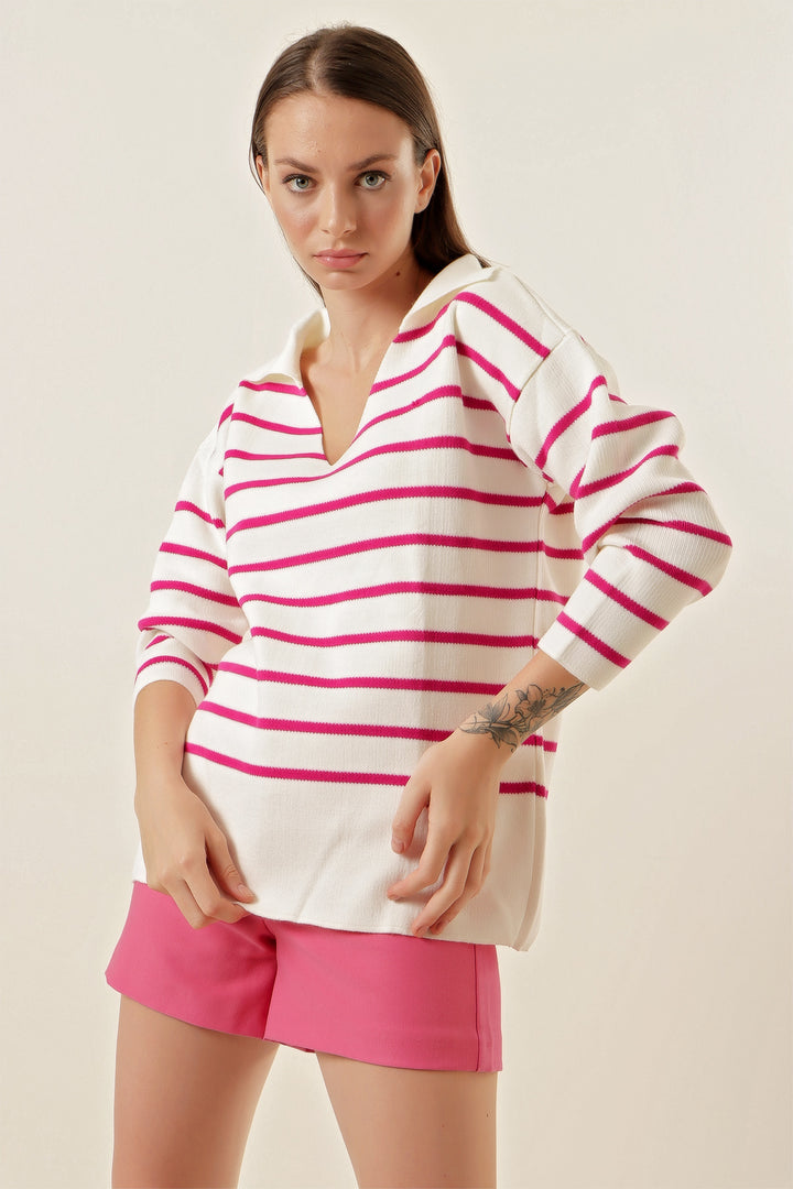 BGD Women Striped Oversized Sweater - Fuchsia - Avondale