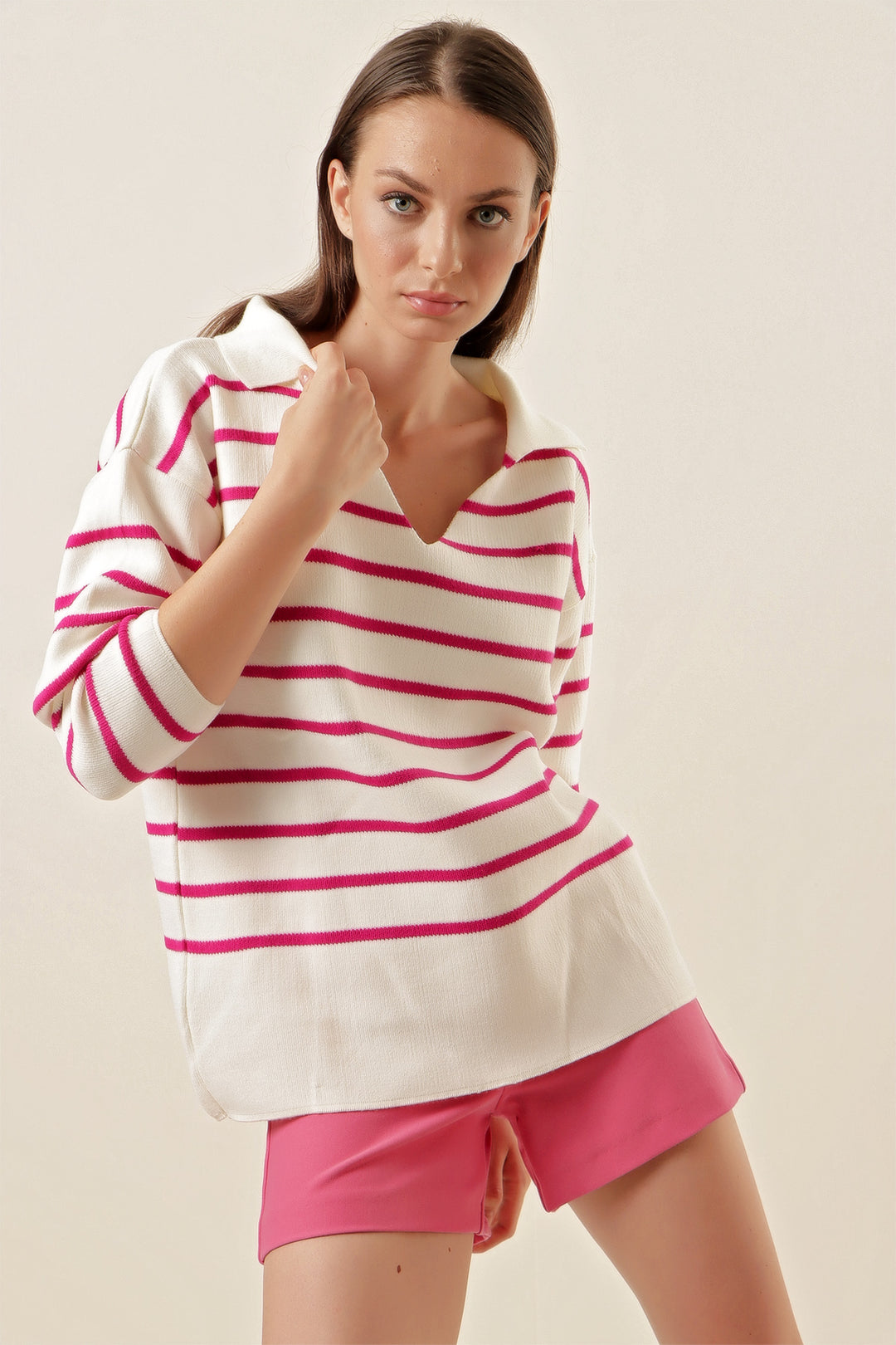 BGD Women Striped Oversized Sweater - Fuchsia - Avondale