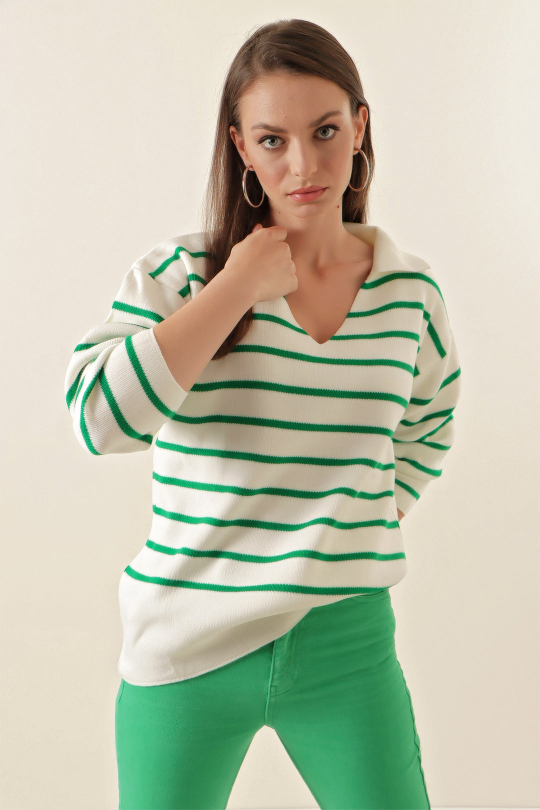 BGD Women Striped Oversized Sweater - Green - Avondale