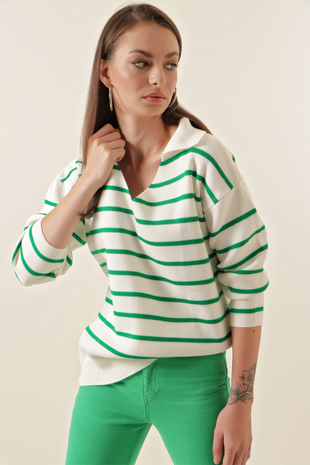 BGD Women Striped Oversized Sweater - Green - Avondale