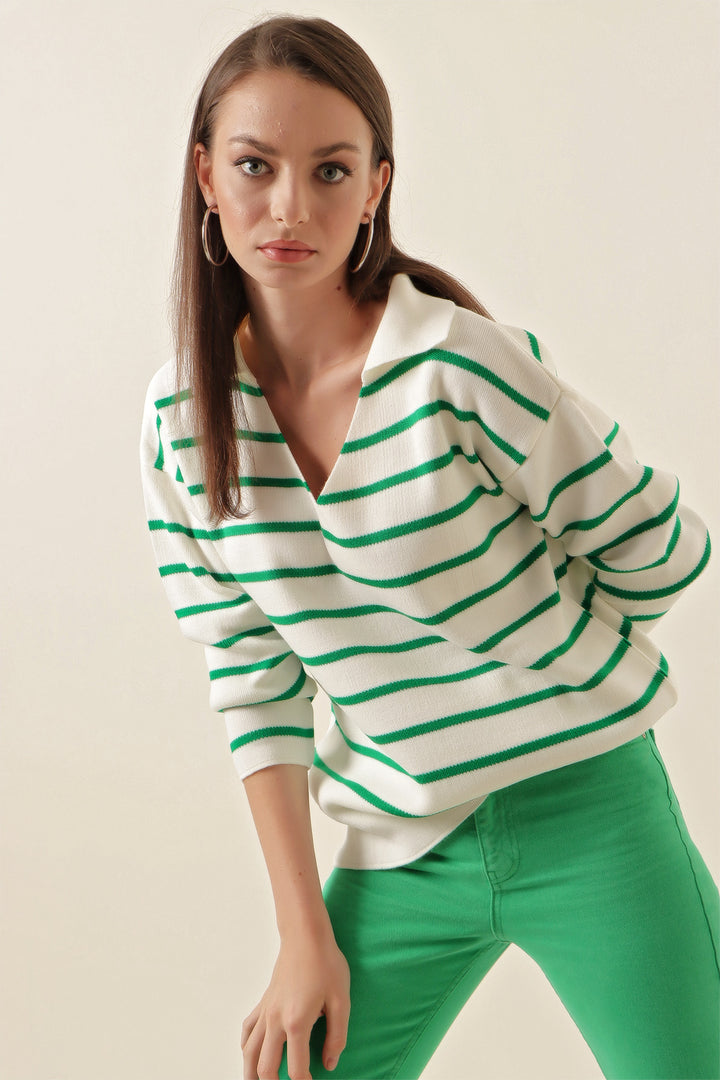 BGD Women Striped Oversized Sweater - Green - Avondale