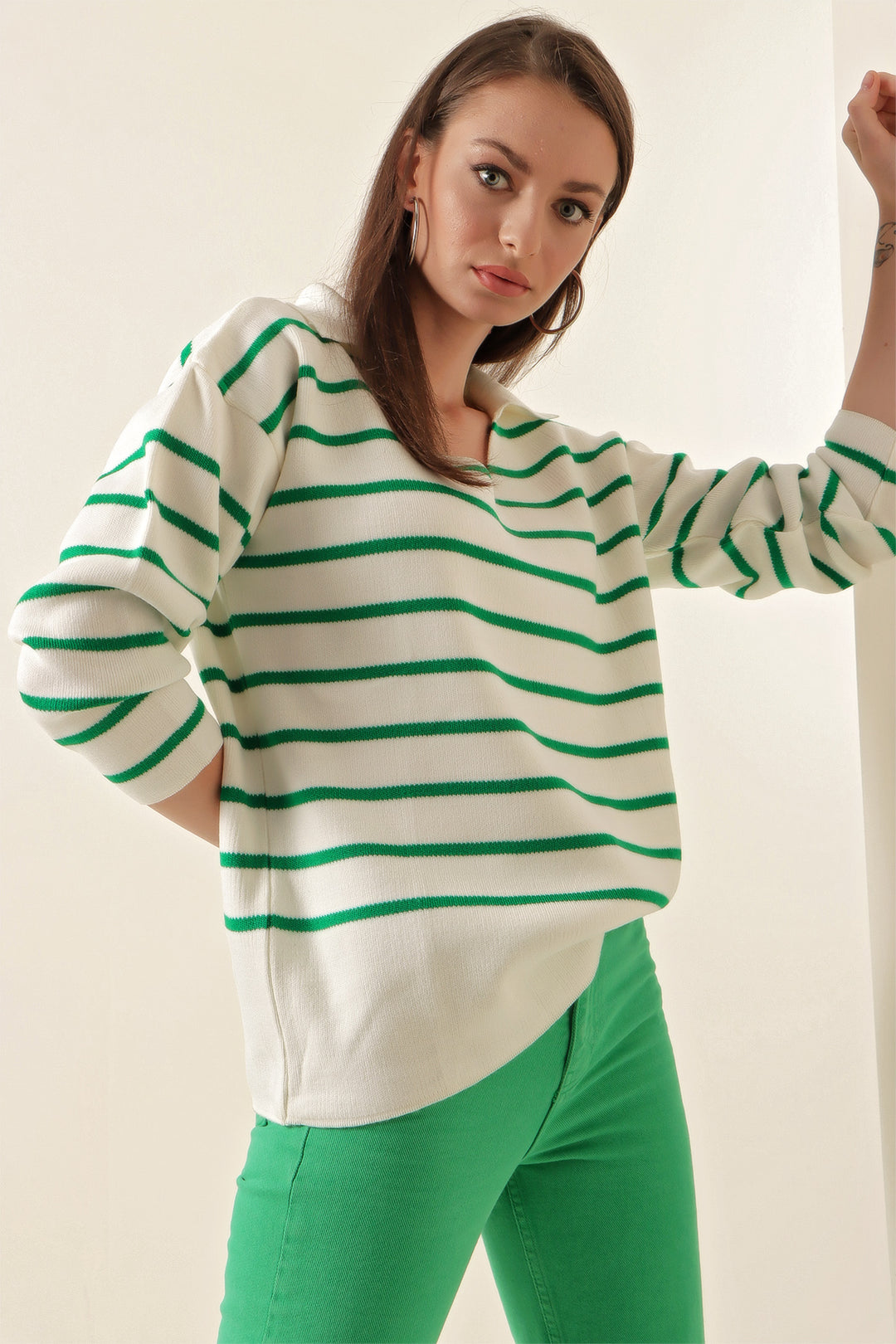 BGD Women Striped Oversized Sweater - Green - Avondale