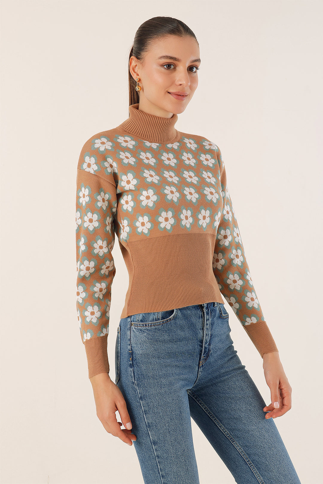 BGD Women Mock Neck Patterned Crop Sweater - Biscuit - Avondale