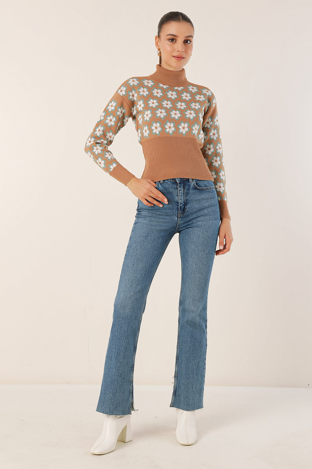 BGD Women Mock Neck Patterned Crop Sweater - Biscuit - Avondale