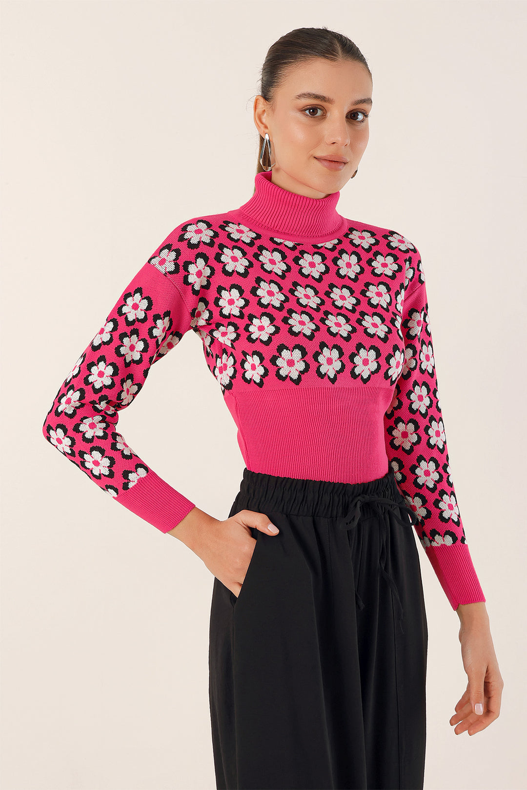 BGD Women Mock Neck Patterned Crop Sweater - Fuchsia - Avondale