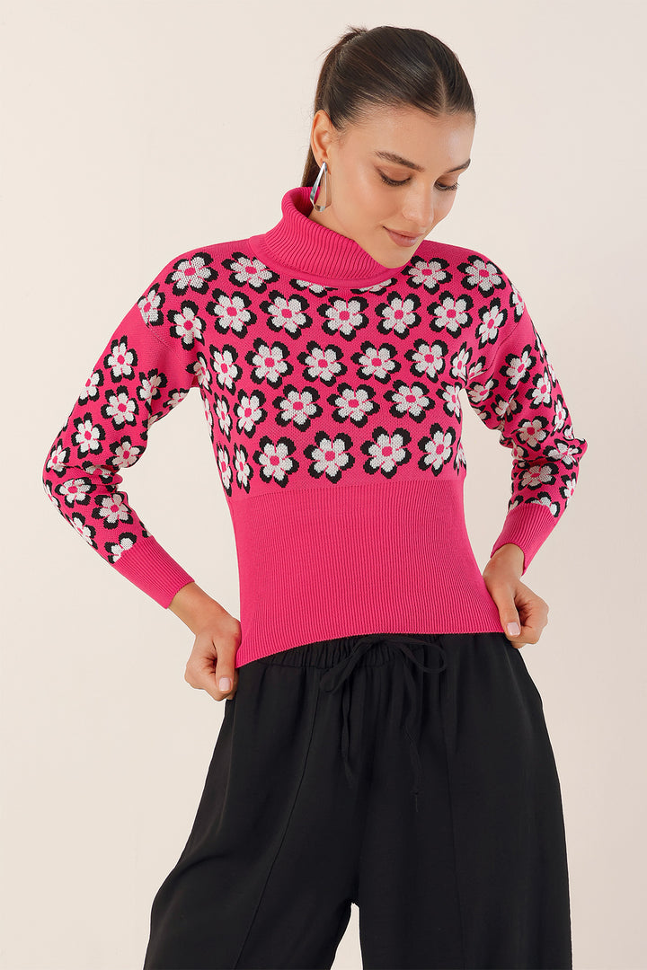 BGD Women Mock Neck Patterned Crop Sweater - Fuchsia - Avondale