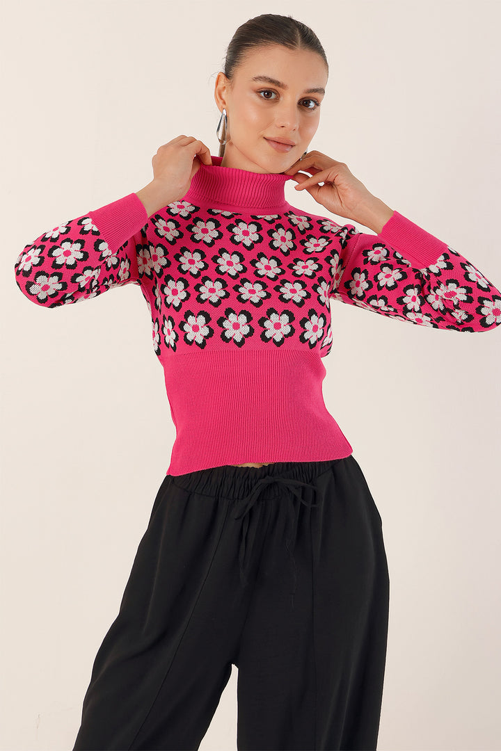 BGD Women Mock Neck Patterned Crop Sweater - Fuchsia - Avondale