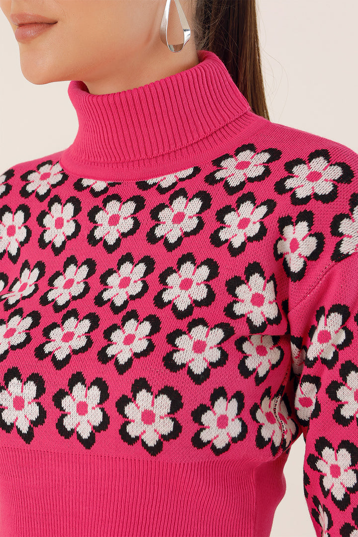 BGD Women Mock Neck Patterned Crop Sweater - Fuchsia - Avondale