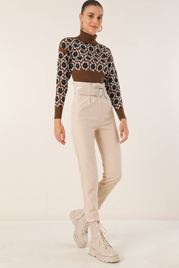 BGD Women Turtleneck Patterned Crop Sweater - Brown - Avondale