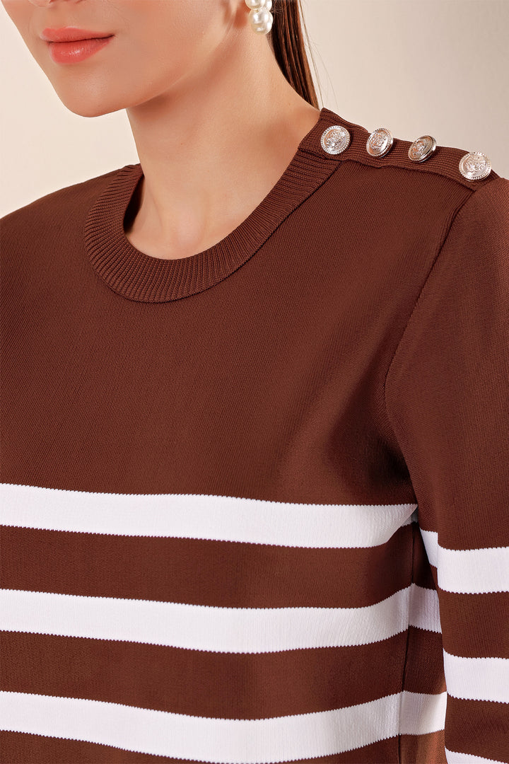 BGD Women Button Detail Striped Sweater - Brown - Avondale