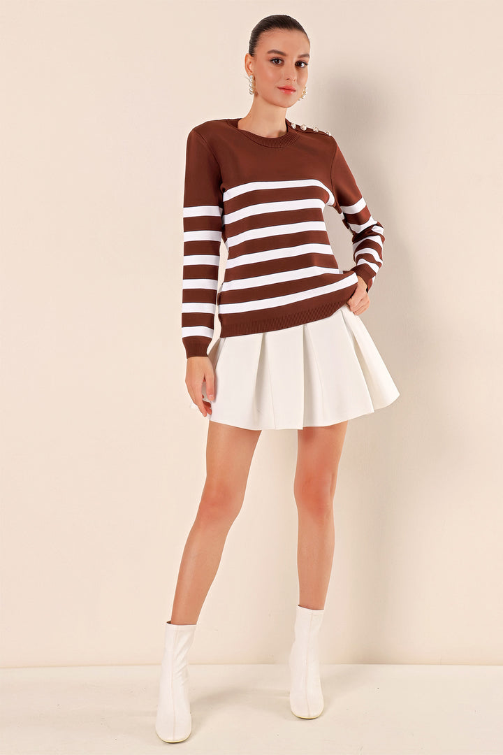 BGD Women Button Detail Striped Sweater - Brown - Avondale