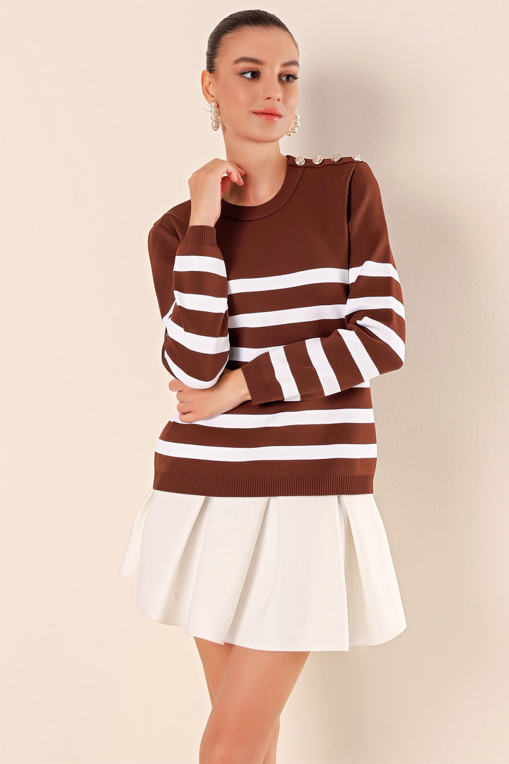 BGD Women Button Detail Striped Sweater - Brown - Avondale