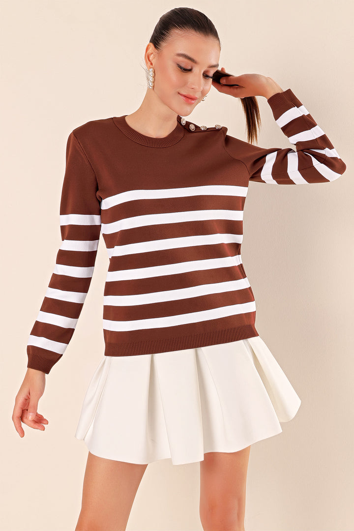 BGD Women Button Detail Striped Sweater - Brown - Avondale