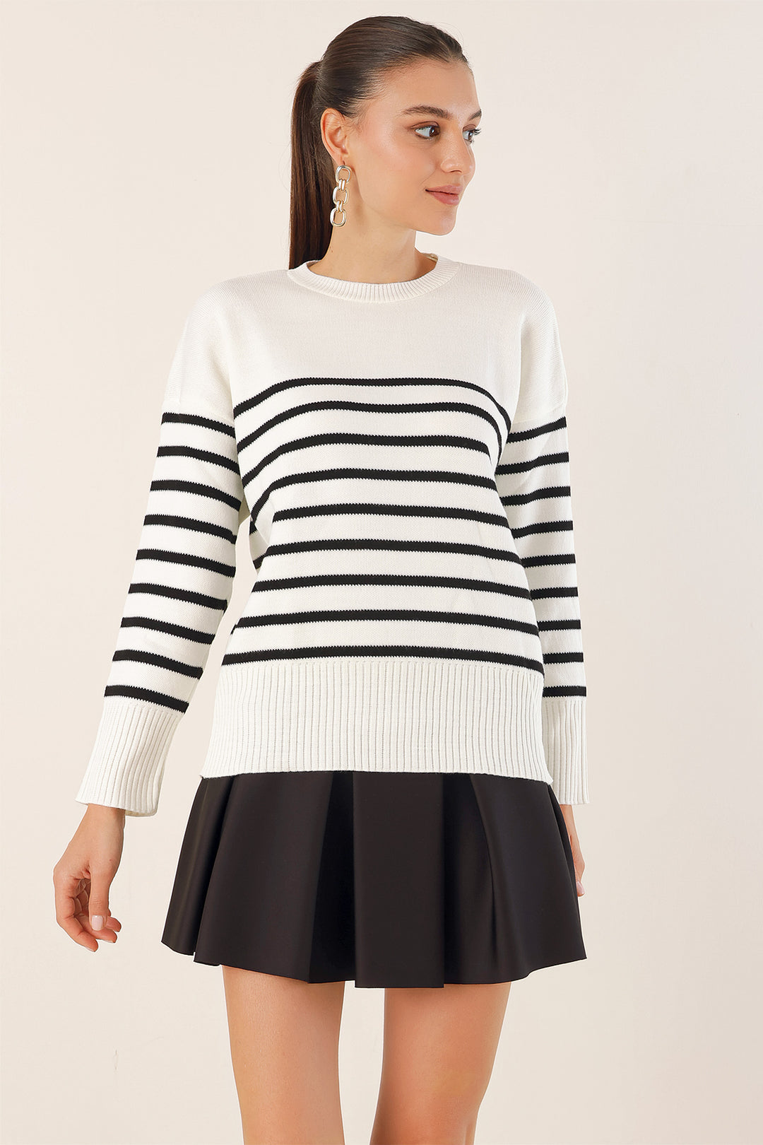 BGD Women Striped Oversized Sweater - White - Avondale