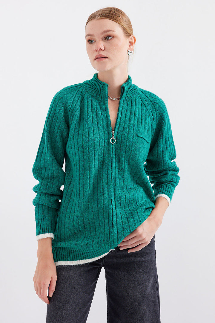 BGD Women Zippered Knit Cardigan - Emerald Green - Avondale