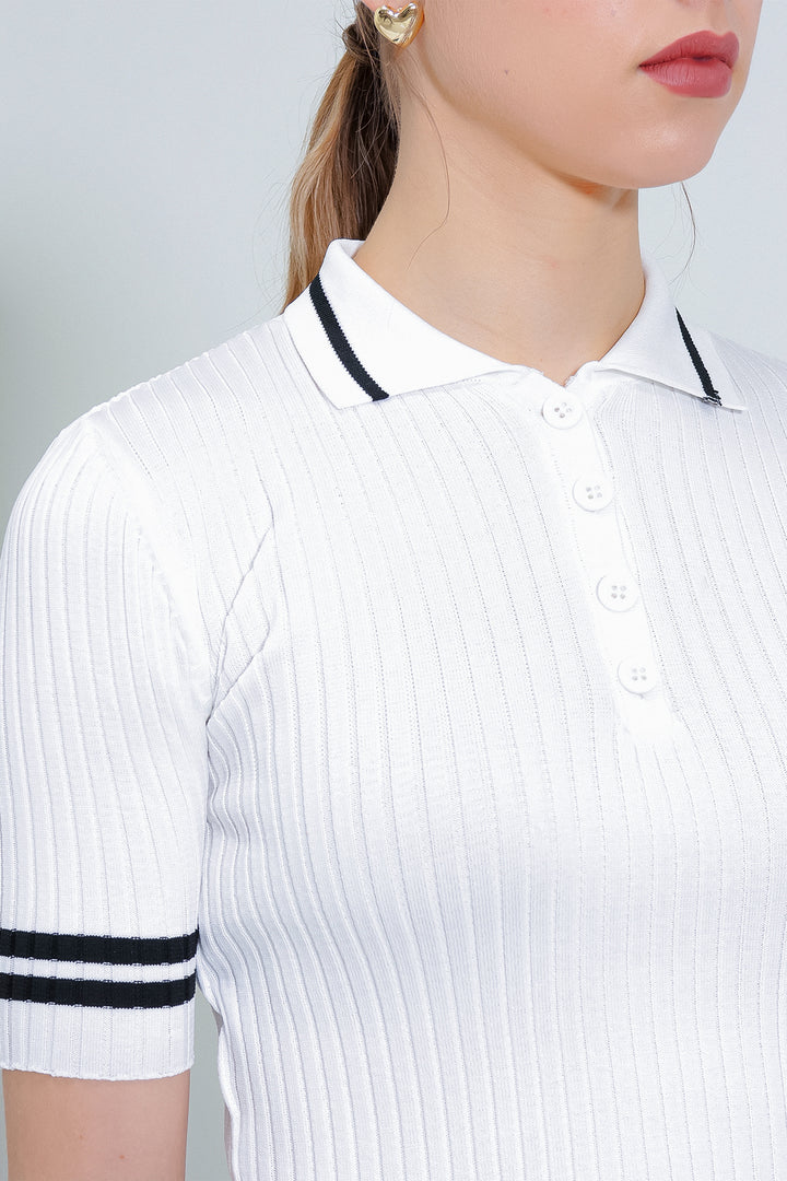 BGD Women Woman White Buttoned Polo Neck Striped Knit T-shirt 15865 - Avondale