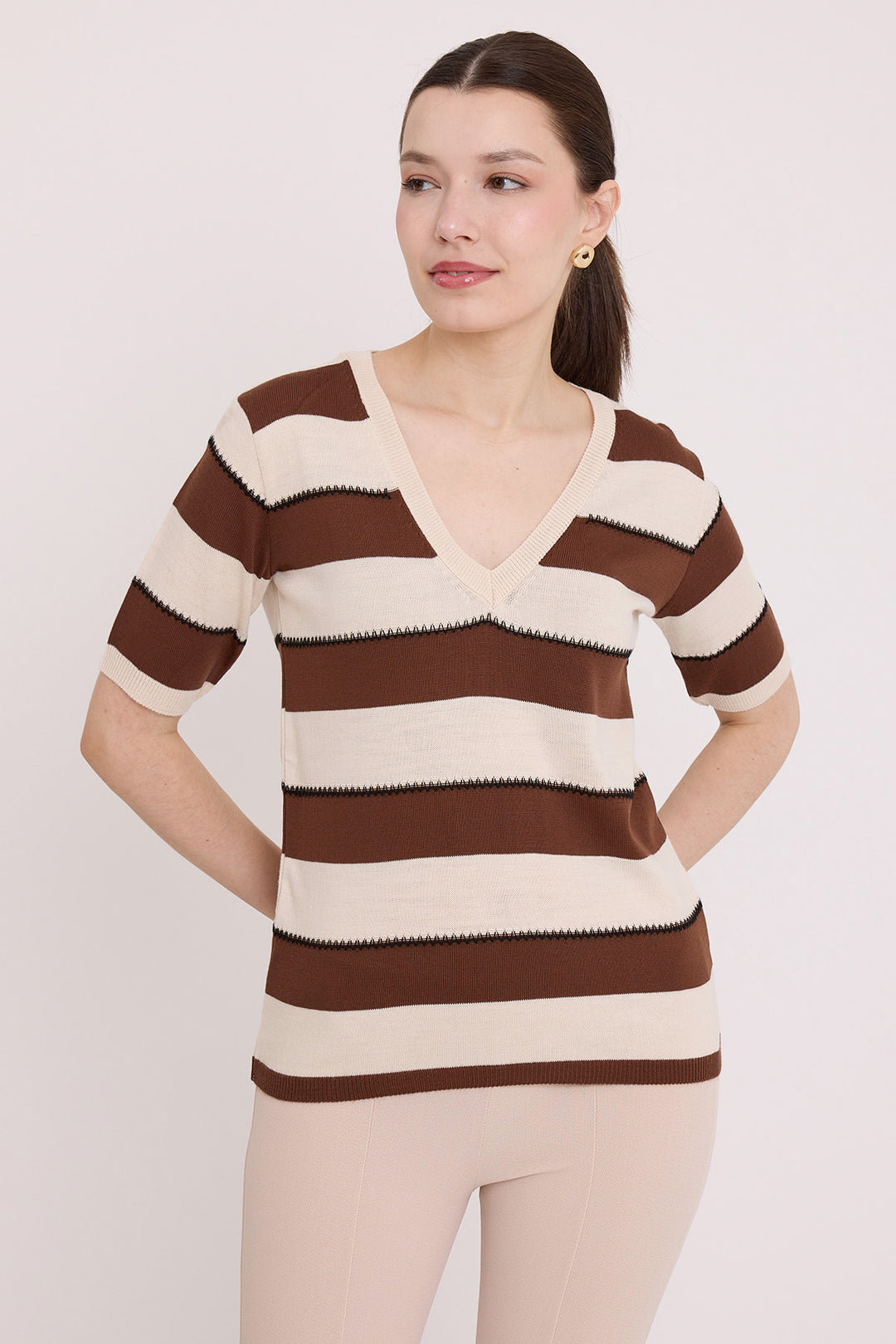 BGD Women Woman Coffee Cream Striped Short Sleeve Blouse 15869 - Avondale