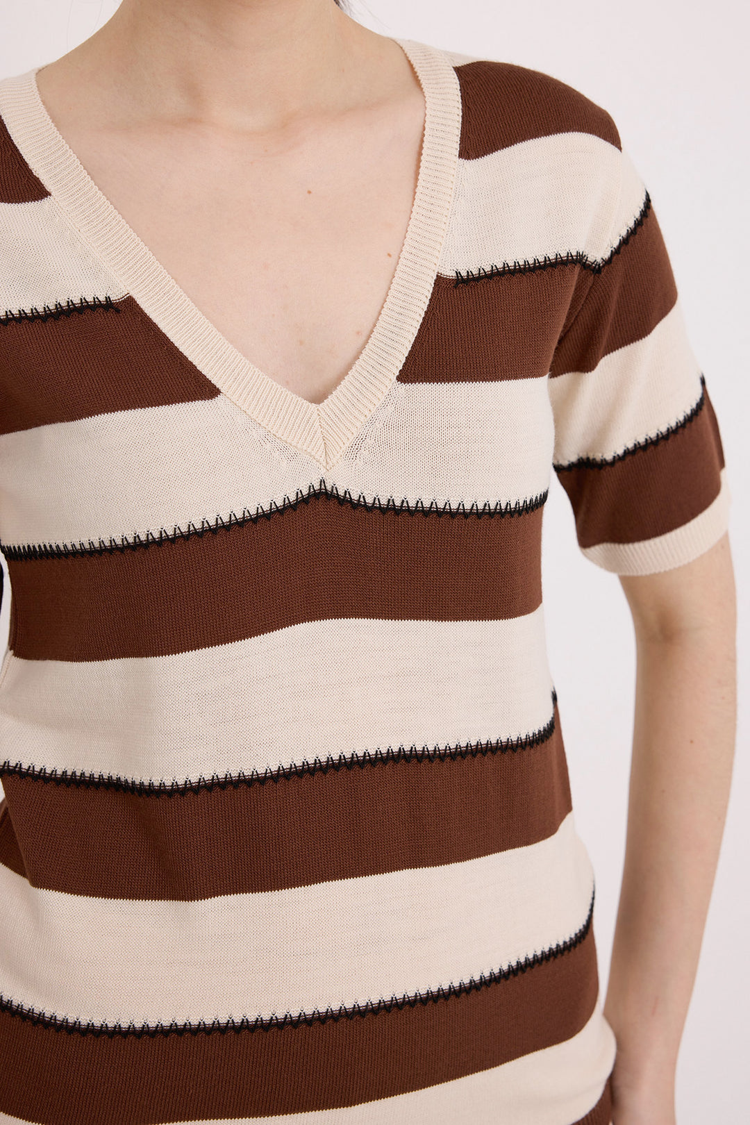 BGD Women Woman Coffee Cream Striped Short Sleeve Blouse 15869 - Avondale