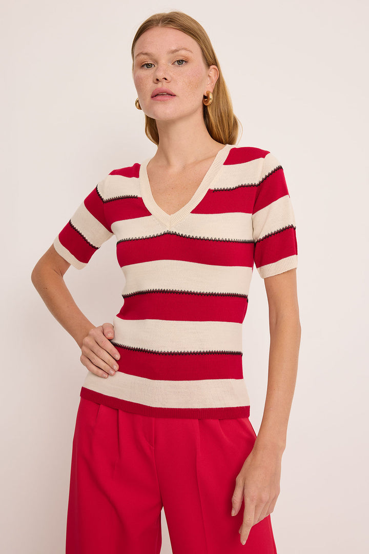 BGD Women Women's V-Neck Red and White Striped Blouse 15869 - Avondale