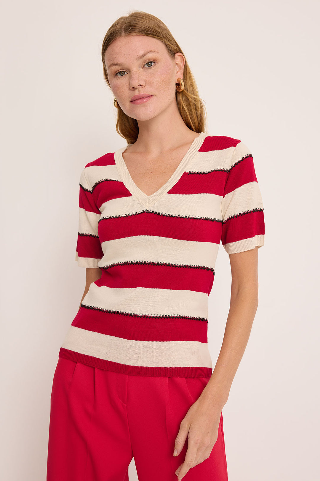 BGD Women Women's V-Neck Red and White Striped Blouse 15869 - Avondale