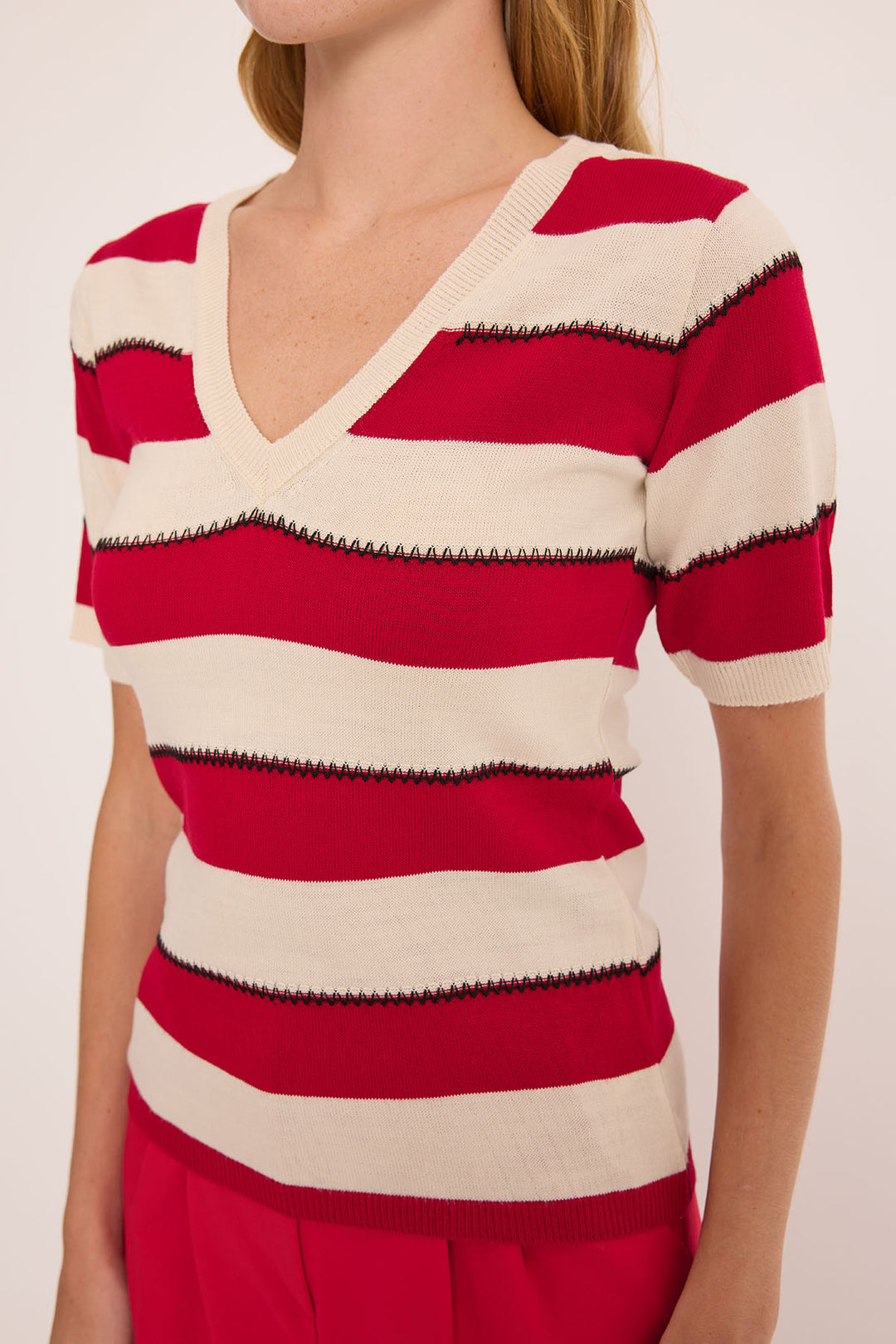 BGD Women Women's V-Neck Red and White Striped Blouse 15869 - Avondale