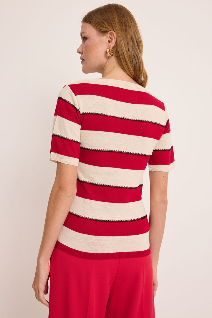 BGD Women Women's V-Neck Red and White Striped Blouse 15869 - Avondale