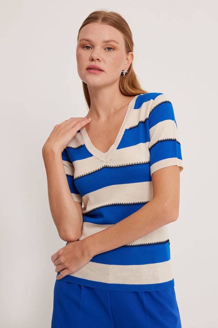 BGD Women Women's V-Neck Blue and White Striped Blouse 15869 - Avondale