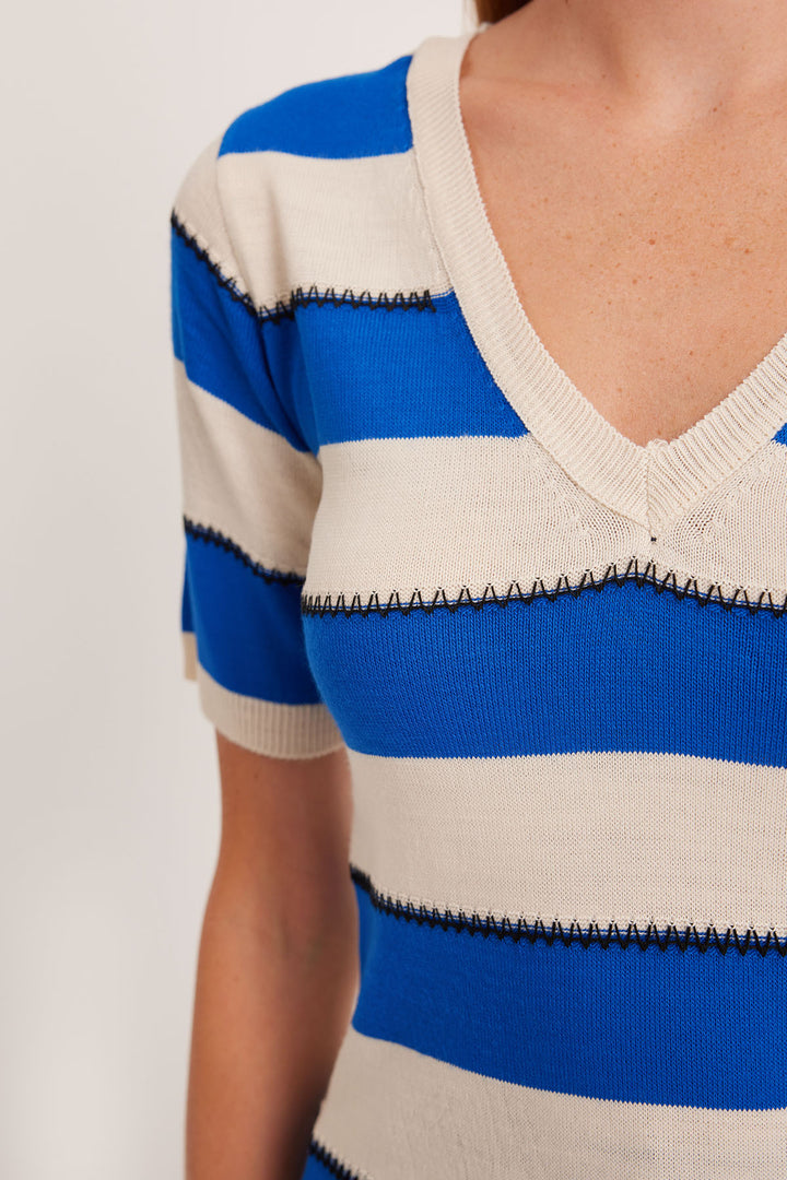 BGD Women Women's V-Neck Blue and White Striped Blouse 15869 - Avondale