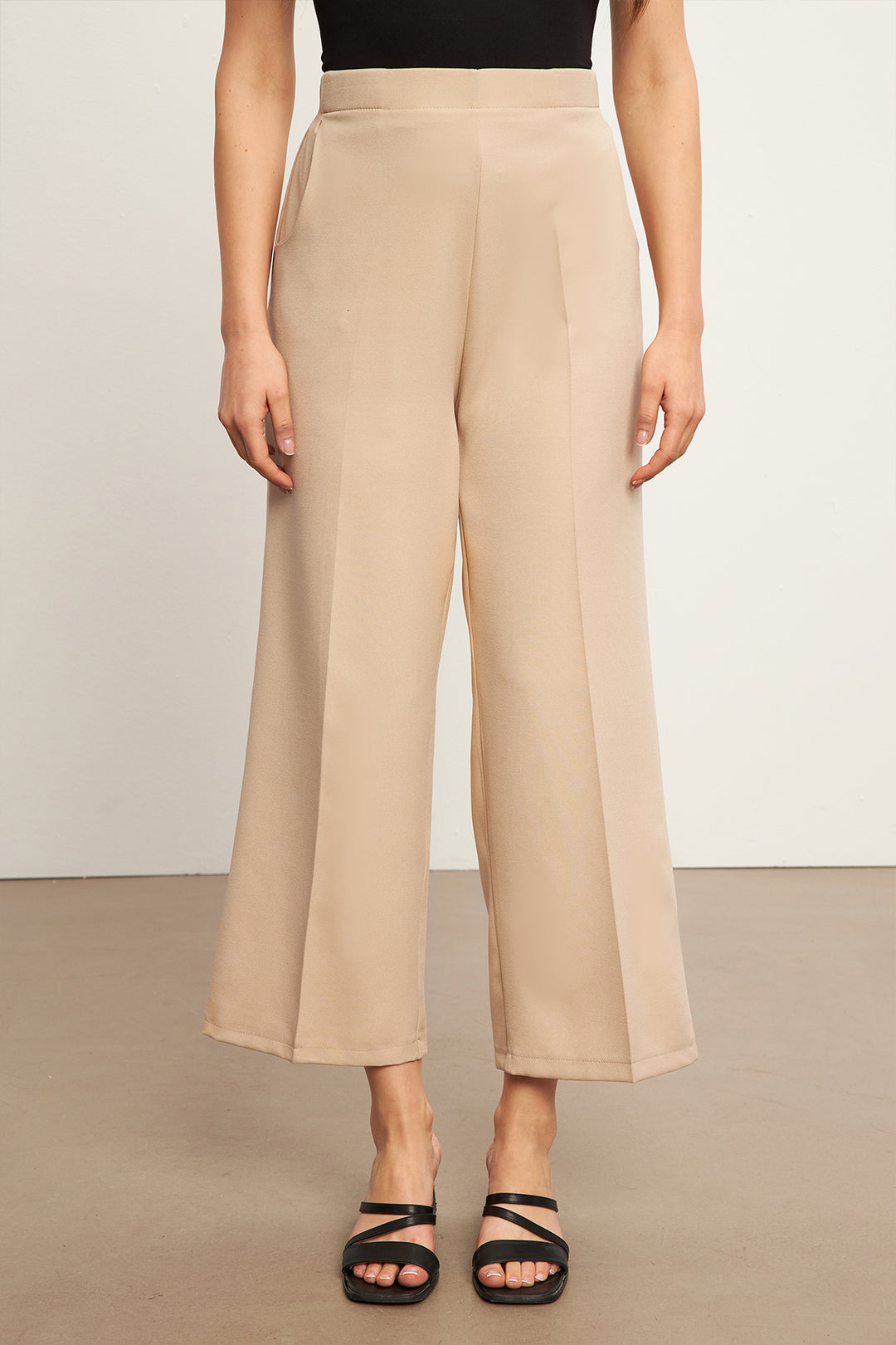 ZRF Women Elasticated High-Waisted Wide Leg Pants - Beige - Las Vegas