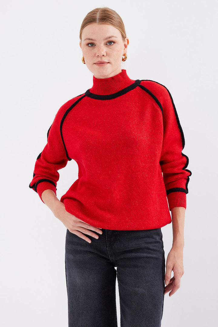 BGD Women Striped Oversized Knit Sweater - Red - Avondale