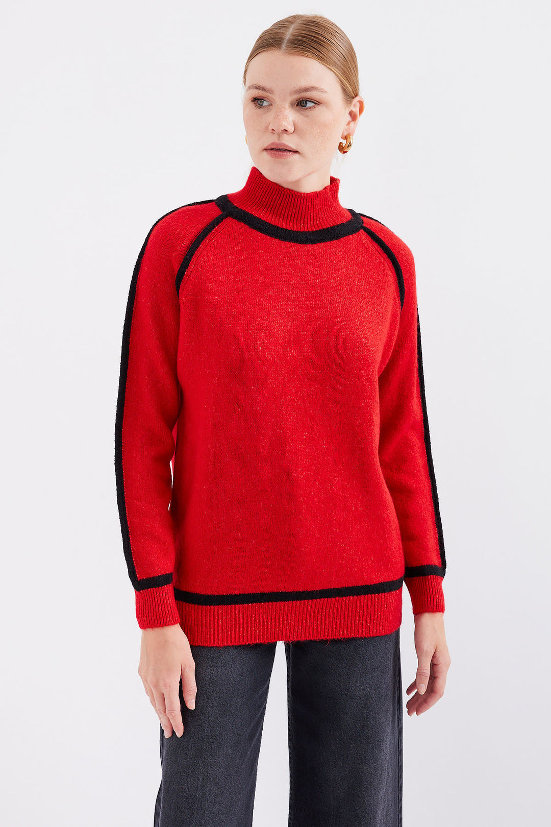 BGD Women Striped Oversized Knit Sweater - Red - Avondale