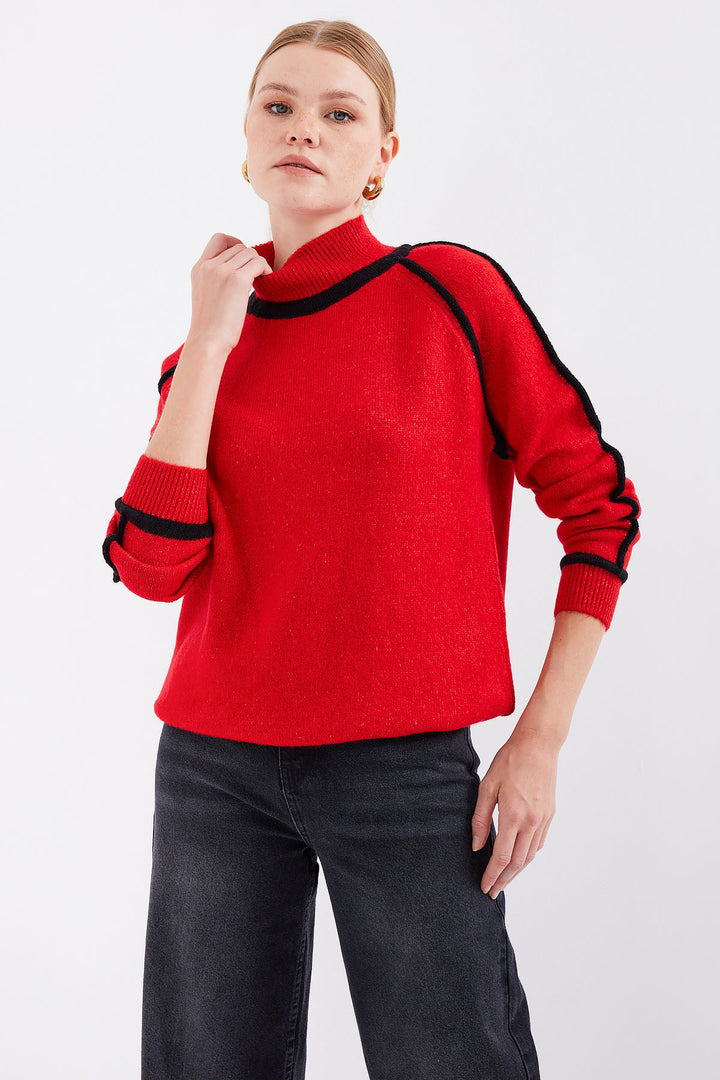 BGD Women Striped Oversized Knit Sweater - Red - Avondale