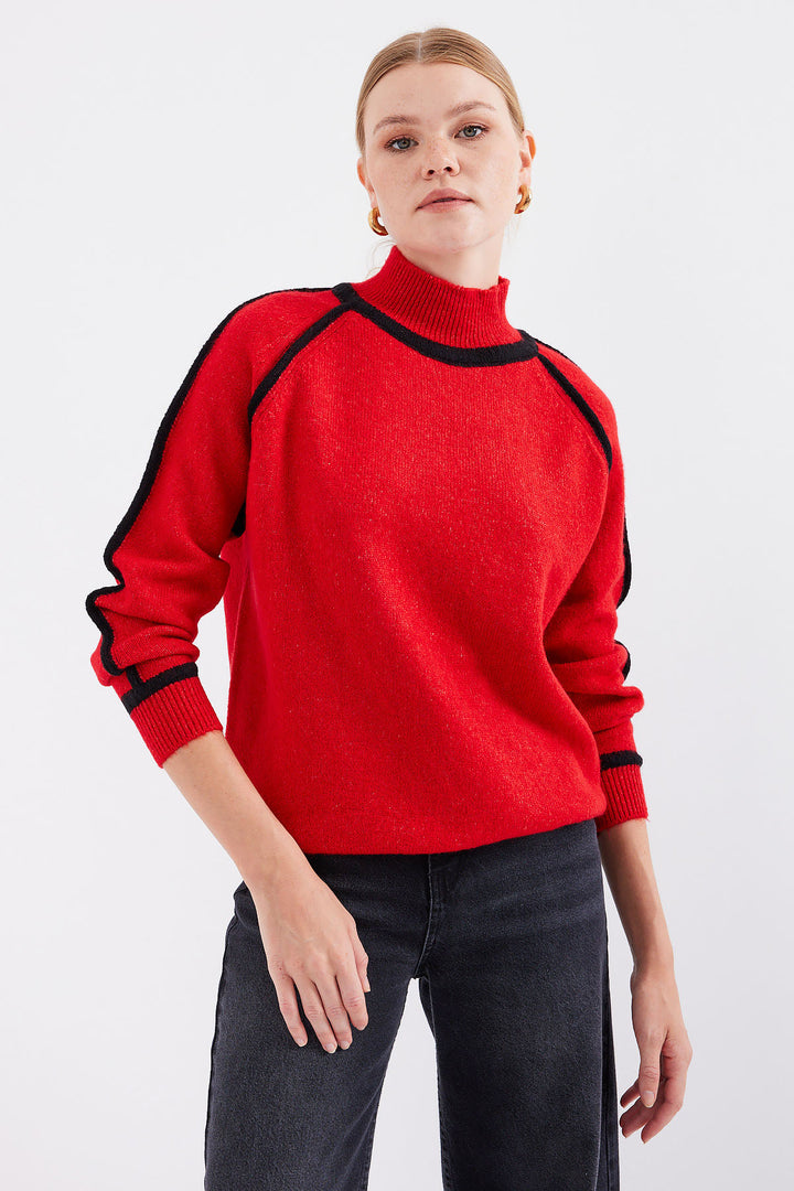 BGD Women Striped Oversized Knit Sweater - Red - Avondale