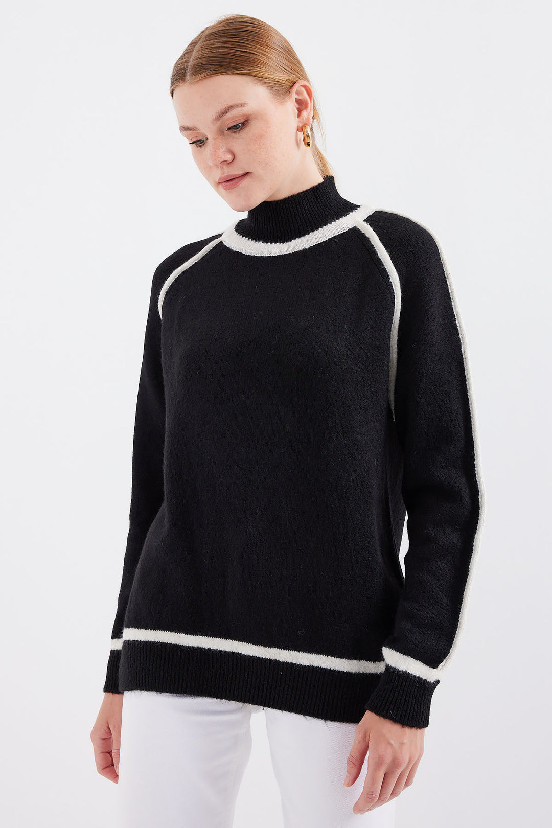 BGD Women Striped Oversized Knit Sweater - Black - Avondale