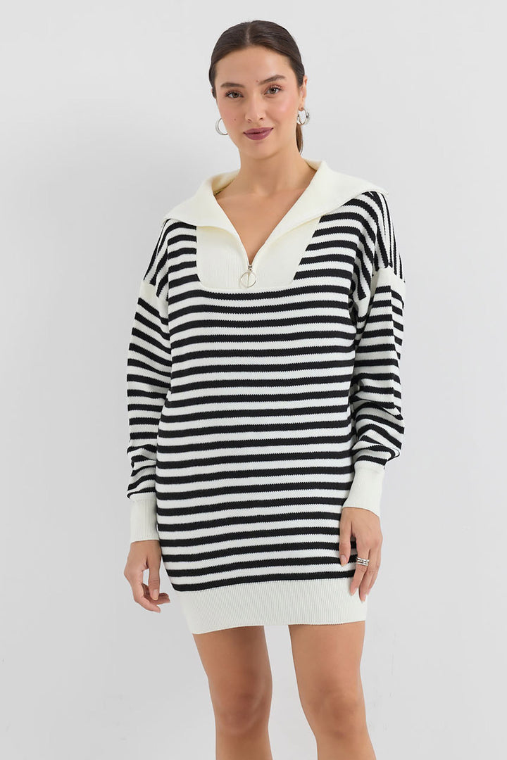 BGD Women Polo Neck Striped Long Sweater - White - Avondale