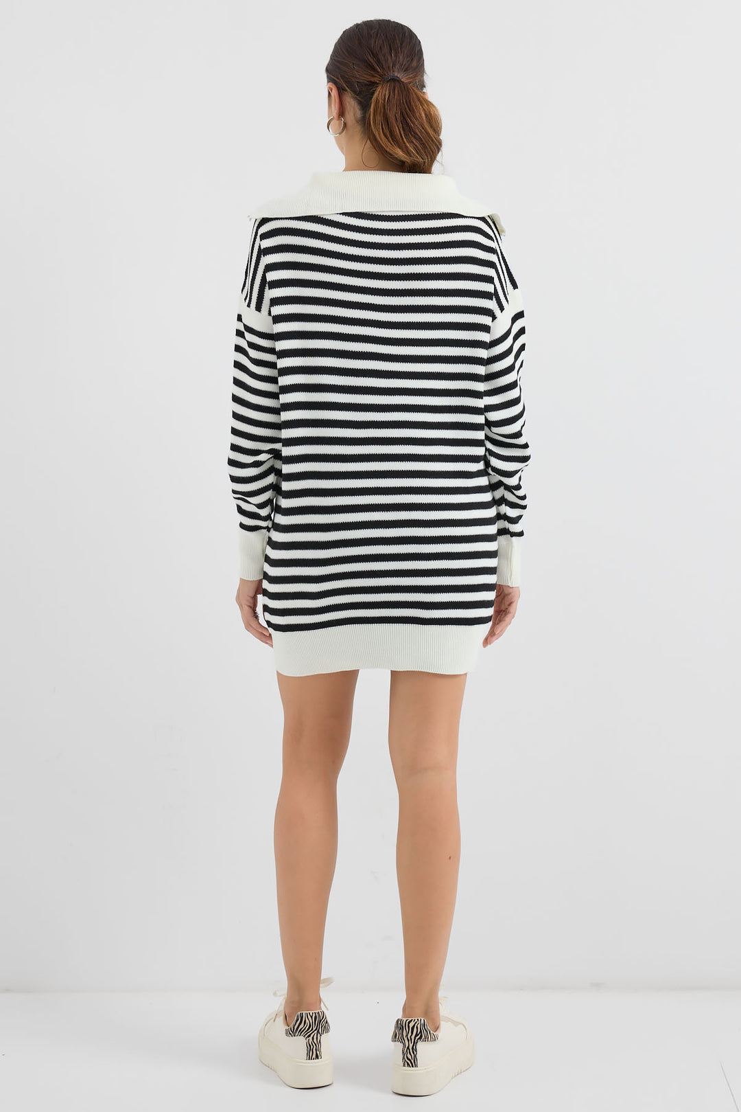 BGD Women Polo Neck Striped Long Sweater - White - Avondale