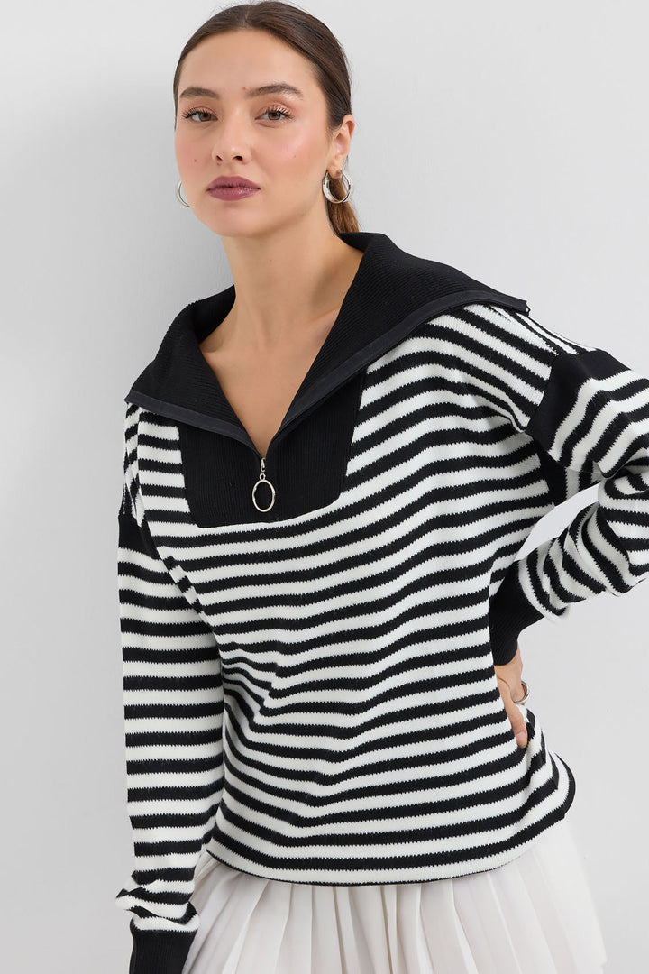 BGD Women Polo Neck Striped Long Sweater - Black - Avondale