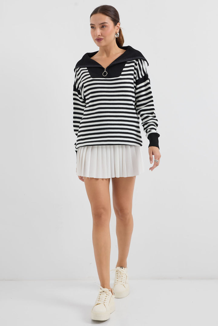 BGD Women Polo Neck Striped Long Sweater - Black - Avondale