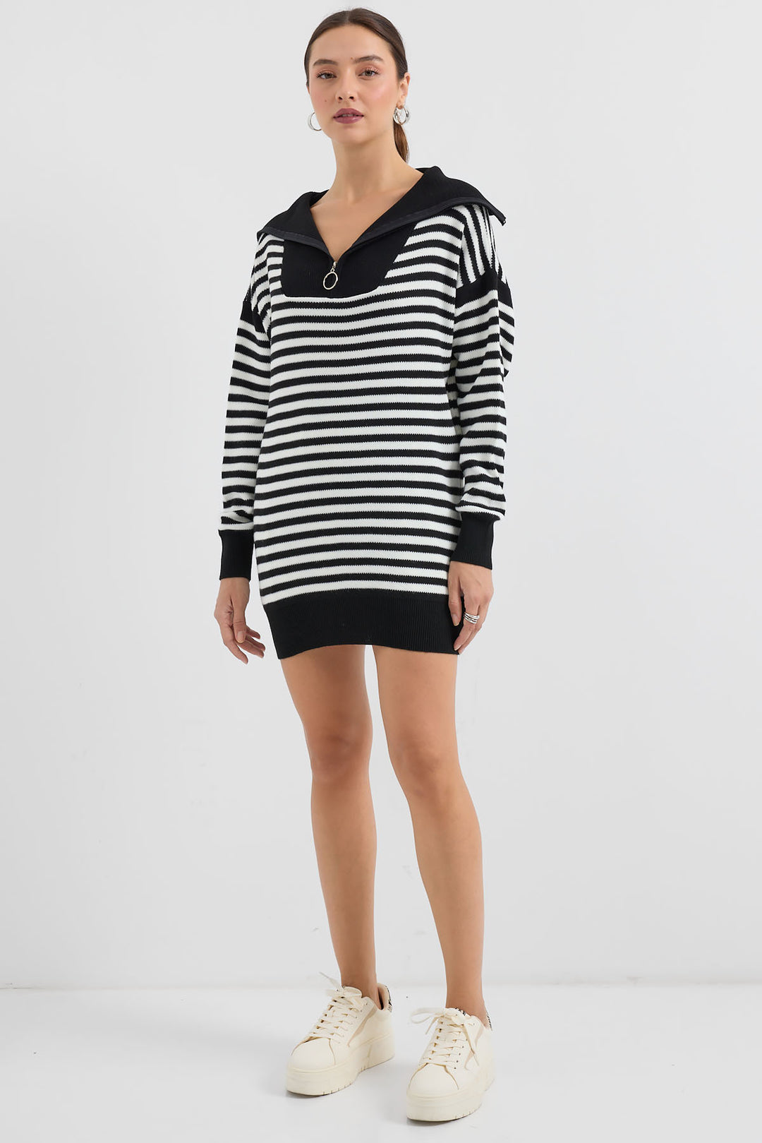 BGD Women Polo Neck Striped Long Sweater - Black - Avondale