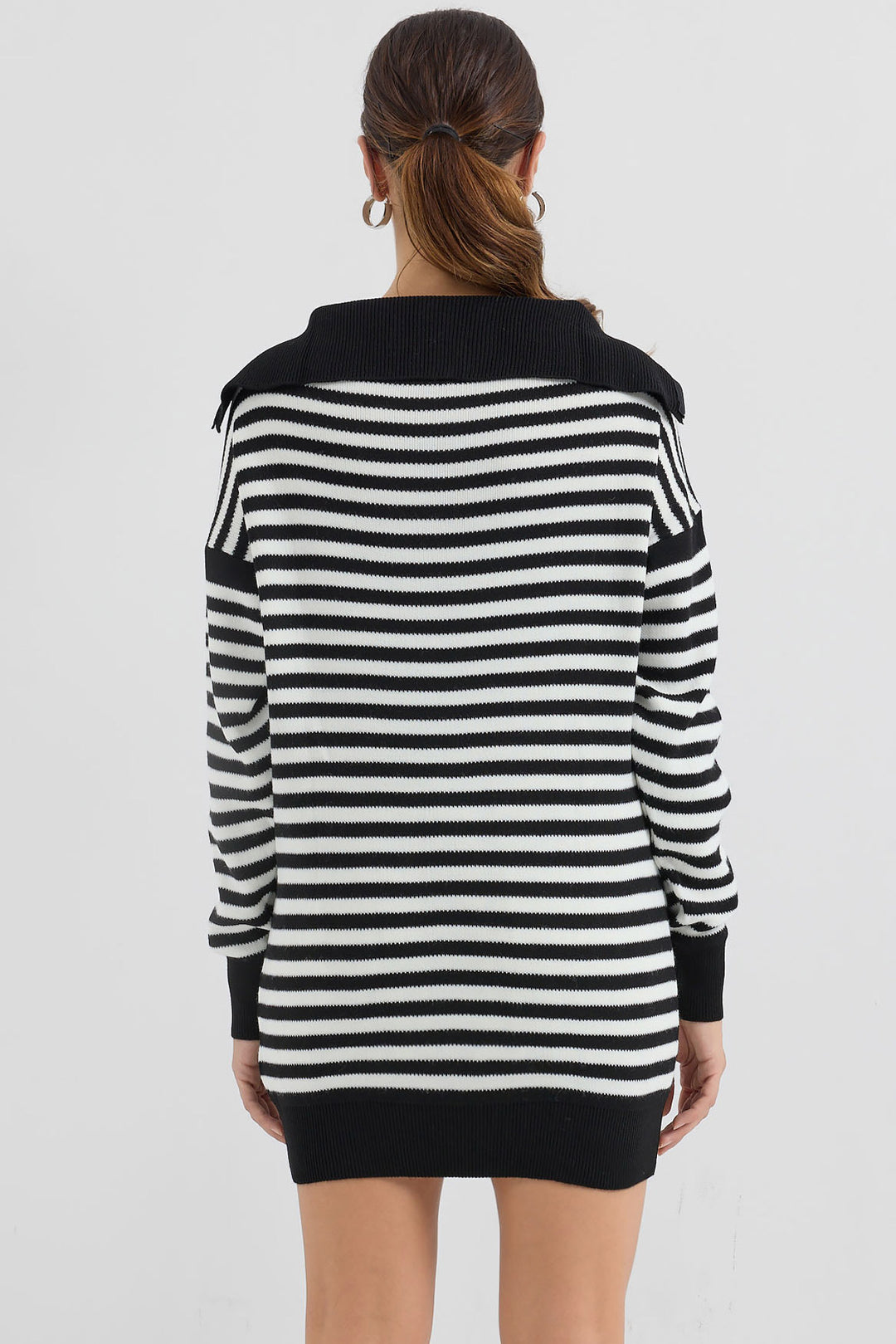 BGD Women Polo Neck Striped Long Sweater - Black - Avondale