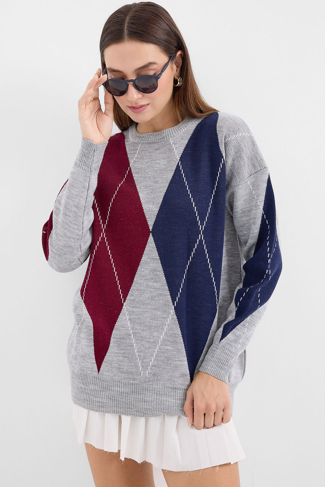 BGD Women Patterned Oversized Knit Sweater - Gray - Avondale