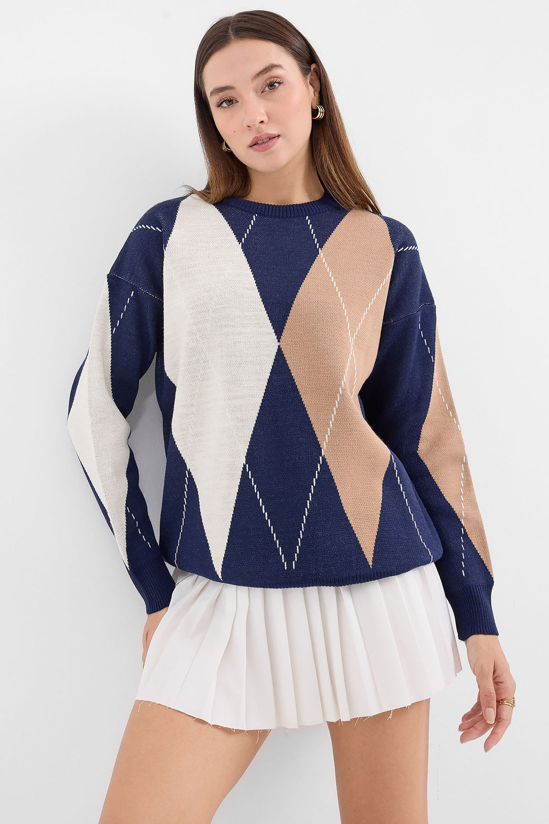 BGD Women Patterned Oversized Knit Sweater - Navy - Avondale