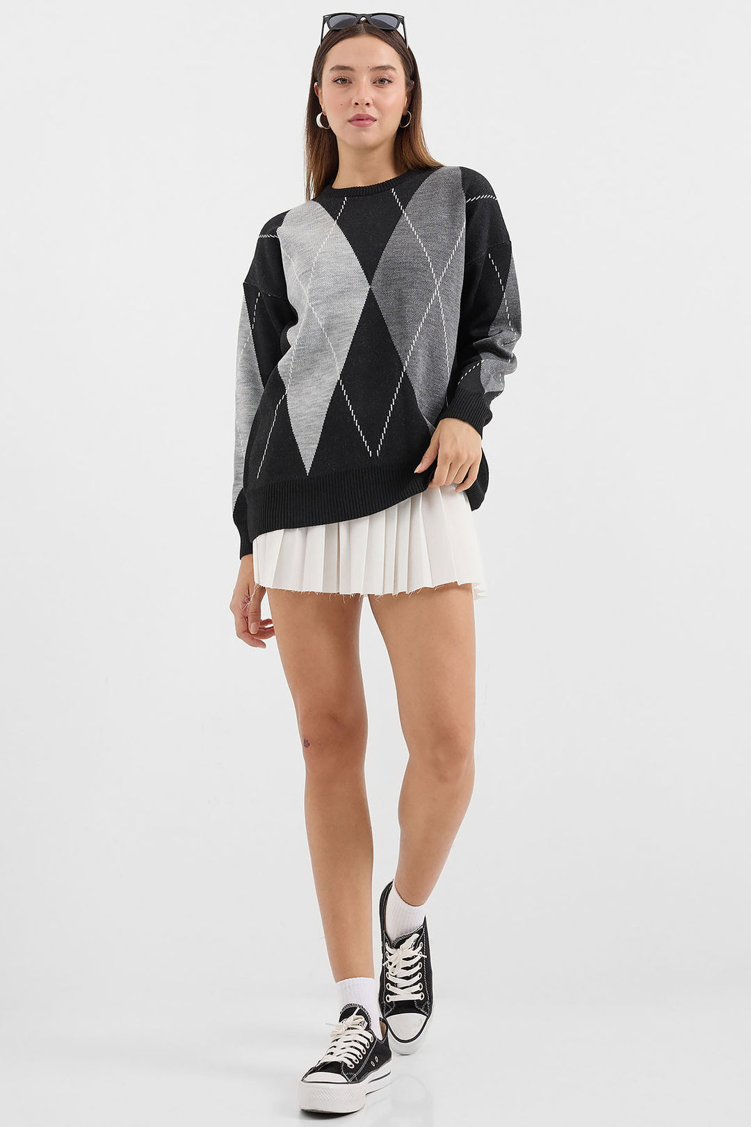 BGD Women Patterned Oversized Knit Sweater - Black - Avondale