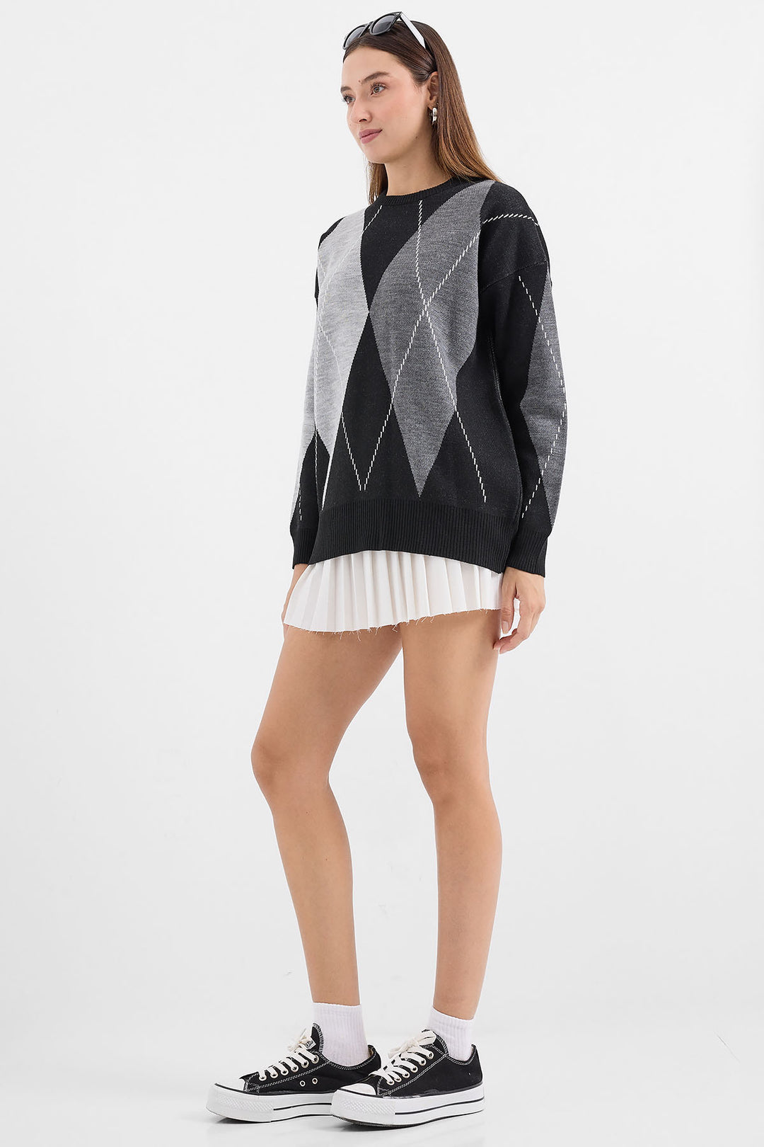 BGD Women Patterned Oversized Knit Sweater - Black - Avondale